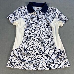 Fila Women's White and Navy Leaf Print Short Sleeve, 1/4 zipper polo shirt, S
